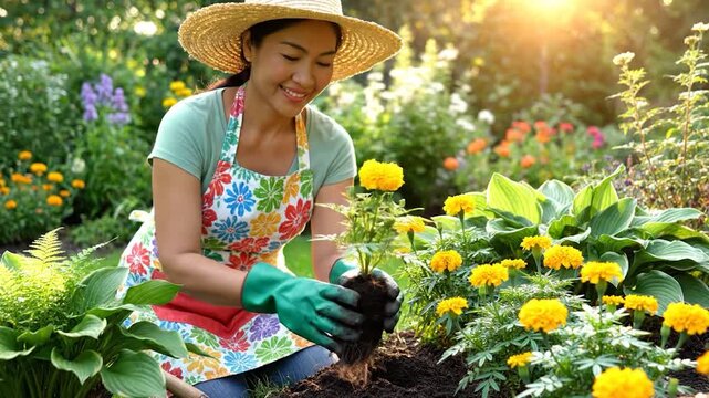 A smiling person wearing a straw hat and gardening gloves is planting flowers in a sunny garden, enjoying the outdoor activity