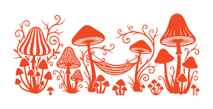 Vintage mushroom border vector illustration, whimsical orange fungi and botanical swirls, decorative forest mushroom landscape for stationery