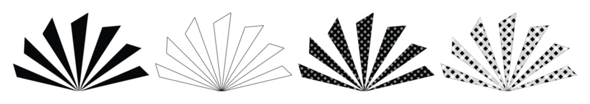 Geometric sunburst fan icons set, black and white radial sunbeam vector graphics, minimalist sun rays and half circle burst elements for logo design