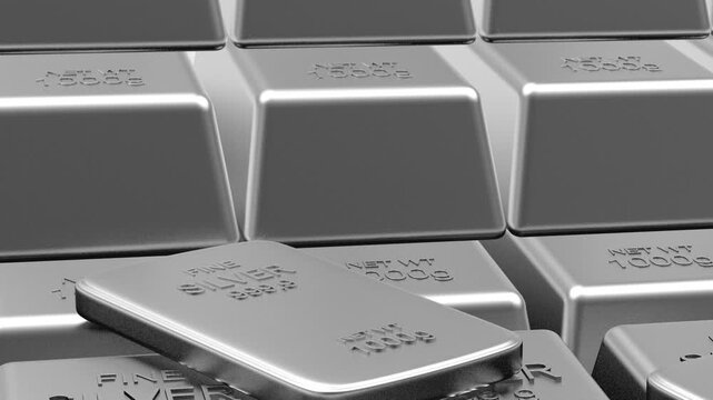 Stacked silver bullion bars with engraved markings shift in close-up as the camera moves across reflective precious metal ingots, 3D render