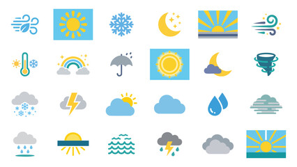 Naklejka premium Weather Icon Set with Sun Clouds Rain Snow Wind Moon Storm and Forecast Symbols