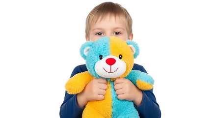 Fototapeta premium Boy holding a blue and yellow teddy bear close to face featuring child, kid, toddler with stuffed animal and toy elements for isolated, white