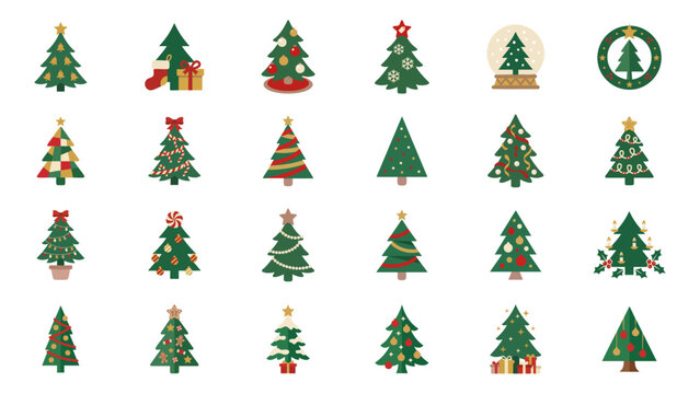 Christmas Tree Icon Set with Pine Decorations Ornaments Snow Globes Wreaths and Presents
