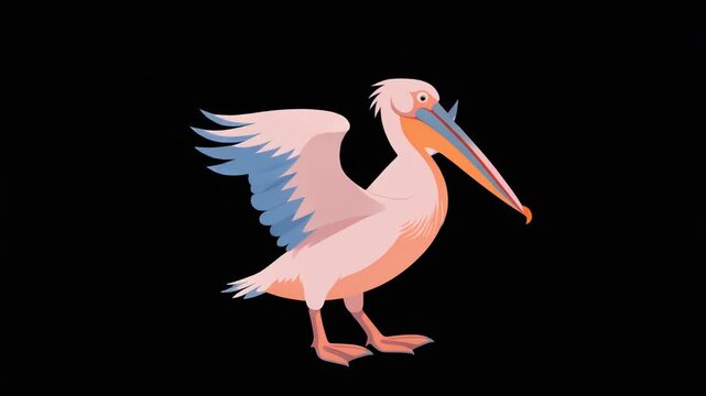 Pelican flapping wings, animation, vector flat design, black background. large water bird 