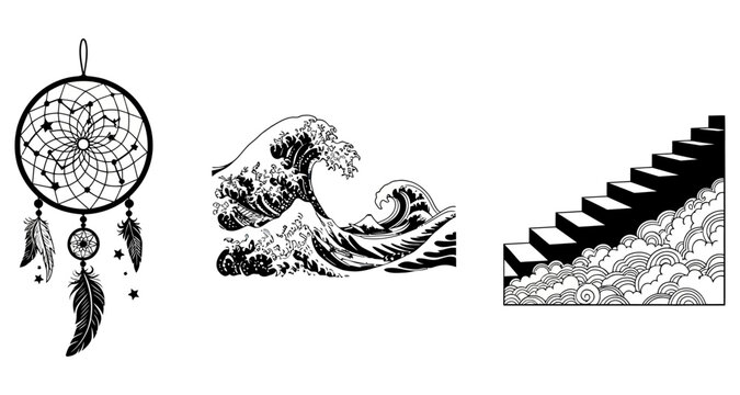 Black and white tattoo designs with dreamcatcher wave and stairs