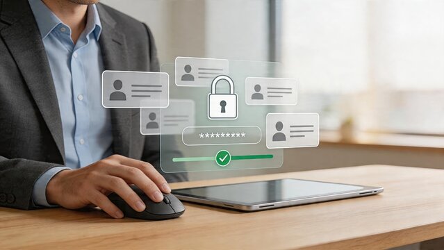 Businessman using tablet cyber security concept hologram interface with lock icon and user profile data fields password authentication screen overlay on office desk technology