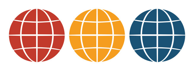 Global network vector icons. Three colorful world globe symbols, red, orange, and blue, representing communication and connectivity. Ideal for technology, business, and international themes. © Joe