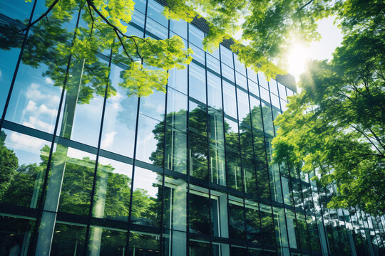 Sustainable green building. Eco-friendly building. Sustainable glass office building with tree for reducing carbon dioxide. Office with green environment. Corporate building reduce CO2. Safety glass.