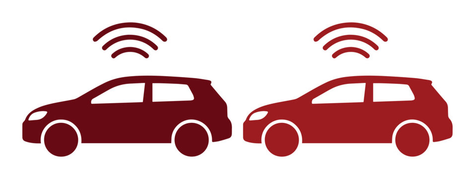 Connected car technology vector icon, two smart vehicles with wireless signals, autonomous driving system symbol, modern automotive communication graphic for digital interfaces