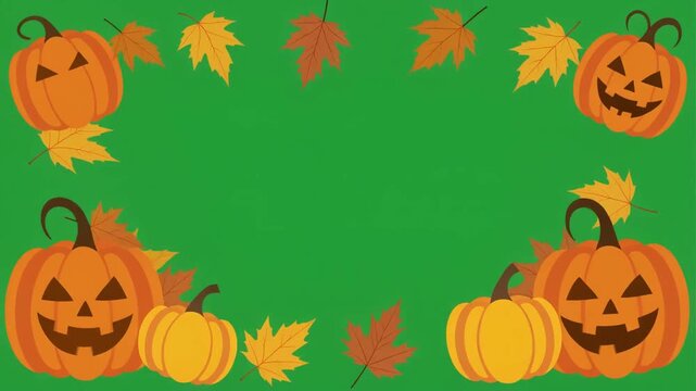 Animated Halloween pumpkins with falling autumn leaves forming a border on a green screen background, symbolizing the festive holiday season, harvest celebration