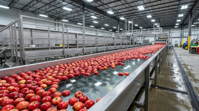 Fresh red apples floating in a water flume at a fruit processing facility