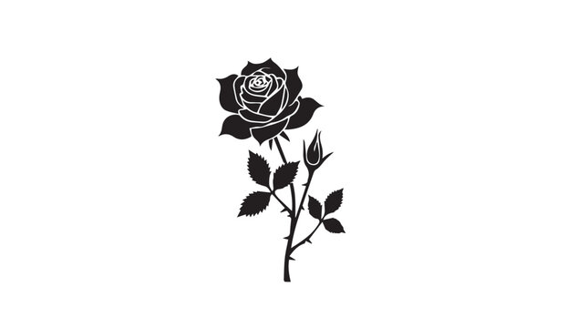 set of black rose flower silhouettes and leaves for graphic design
