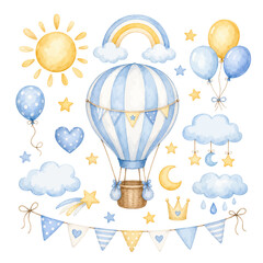 A charming watercolor set of baby boy nursery clipart featuring a hot air balloon clouds stars moon balloons and bunting designed for newborn invitations. © liana