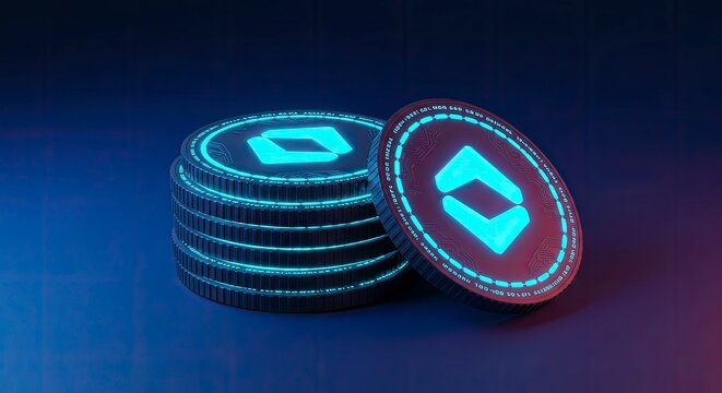 Futuristic Neon Cryptocurrency Coins Stacked