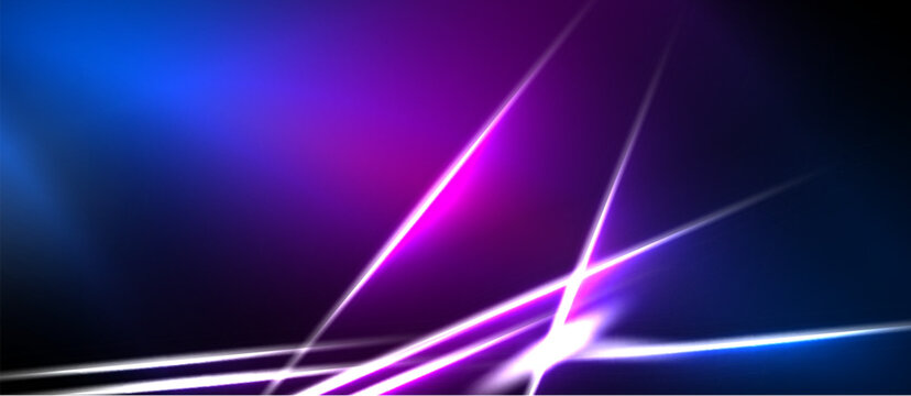 Abstract background features vibrant blue, purple light streaks. Dynamic composition creates modern, energetic visual impact. Smooth gradients dominate scene.