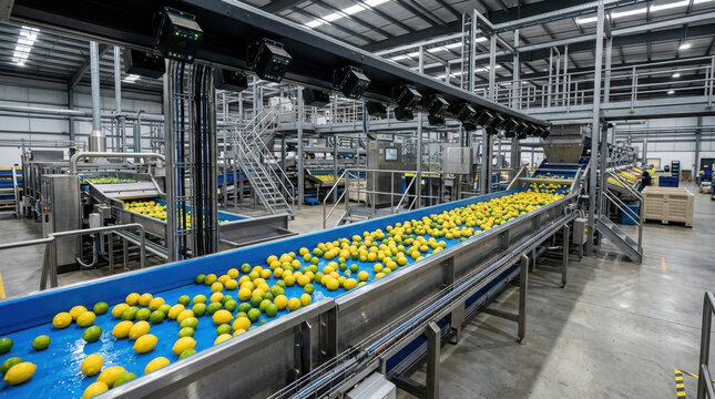 Industrial lemon sorting and processing line in a modern fruit packing facility
