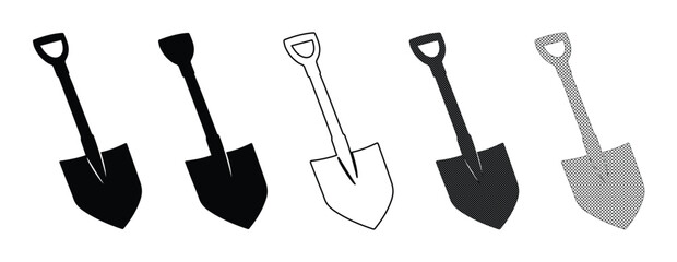 Shovel vector icon set, five distinct shovel illustrations for construction and gardening, black and white outline and solid fill shovel graphics, essential digging tool collection © Joe