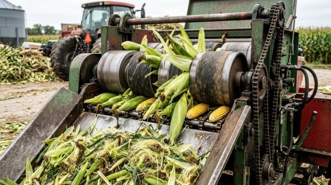 Corn husking machine processing fresh corn cobs on a farm