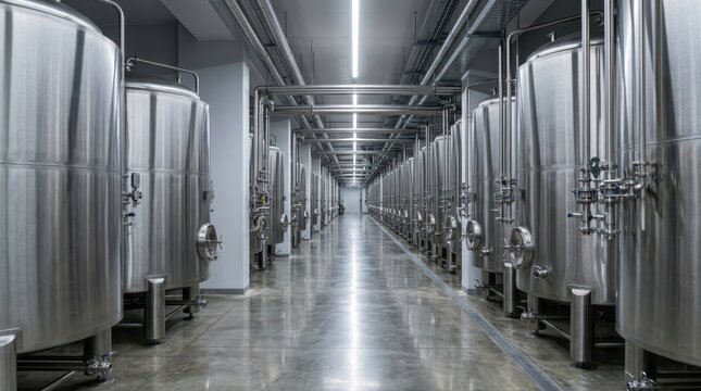 Industrial brewery facility with rows of stainless steel fermentation tanks