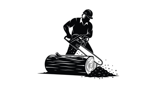 Lumberjack operating a chainsaw cutting a log striking silhouette