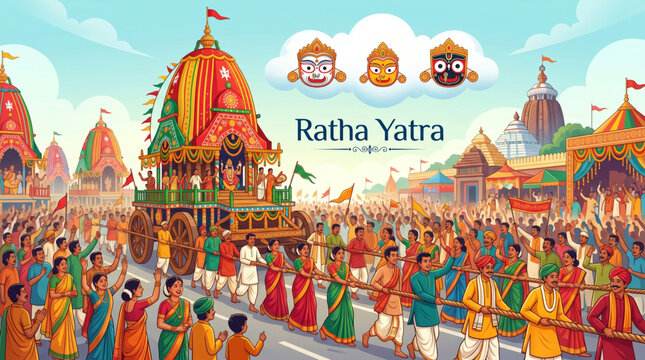 Rath yatra festival india vibrant street procession with decorated chariot devotees and temple scene cultural celebration concept for travel poster banner branding use