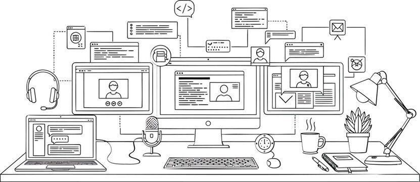 Remote workspace, online office, digital communication, workflow automation, desk setup