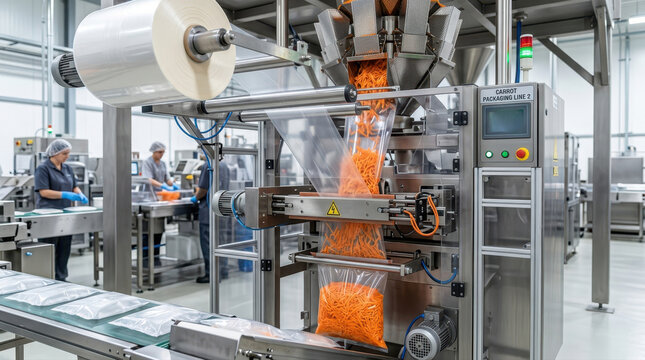 Automated shredded carrot packaging machine in food production factory