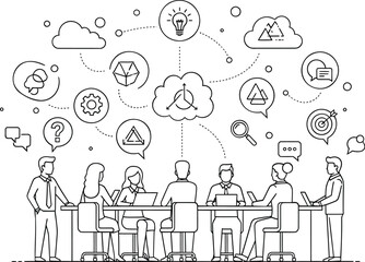 Business team brainstorming, creative strategy, meeting icons, flat line illustration, office collaboration © Bohemia