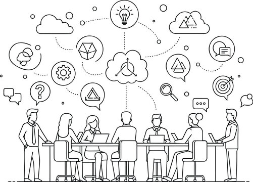 Business team brainstorming, creative strategy, meeting icons, flat line illustration, office collaboration