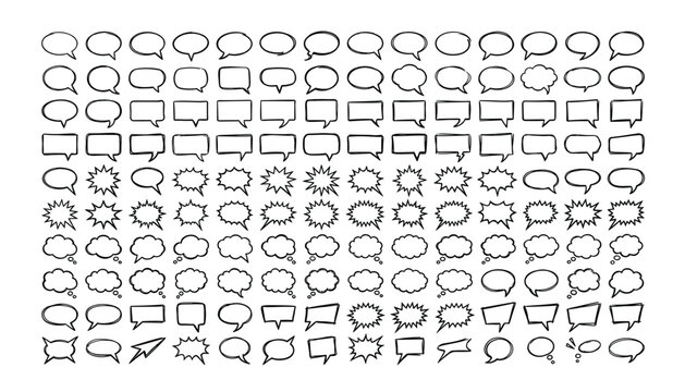 Speech bubbles and thought clouds, diverse shapes, transparent vector.