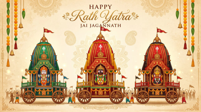 Rath yatra festival india traditional chariot procession illustration with decorated carts and cultural devotion scene for greeting banner poster branding use