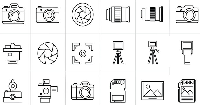 Photography camera thin line icons set with shutter lens and photo equipment editable stroke vector