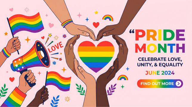 Pride month lgbt celebration with rainbow heart hands unity concept colorful illustration for social media campaign banner poster branding and equality awareness use