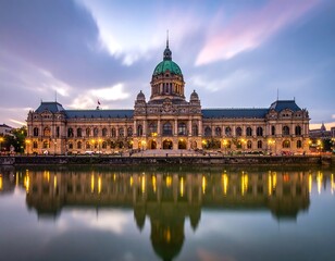 Fototapeta premium Large ornate building with a domed roof reflected in still water at dusk