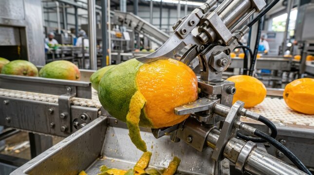Industrial mango peeling machine processing fresh fruit in a food factory