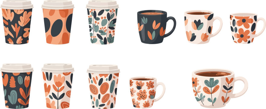 Coffee cup and ceramic mug set with colorful floral and abstract patterns for kitchenware design