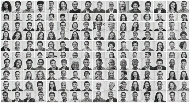 Large collection of diverse human portraits arranged in a grid pattern.