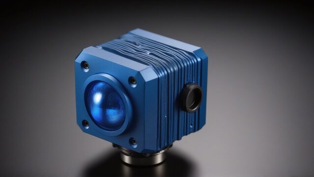 Industrial LiDAR sensor unit in rugged blue anodized housing close up