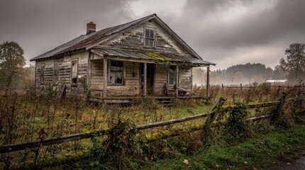 Fototapeta premium An abandoned, weathered house surrounded by overgrown grass and a rustic fence, set against a moody, cloudy sky.