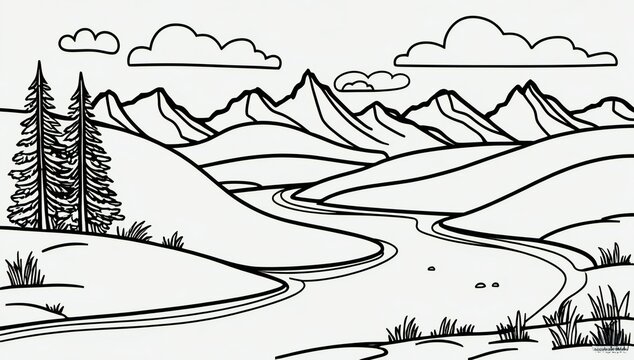 Circular emblem of nature scenes with mountains wolf tent and sunrise