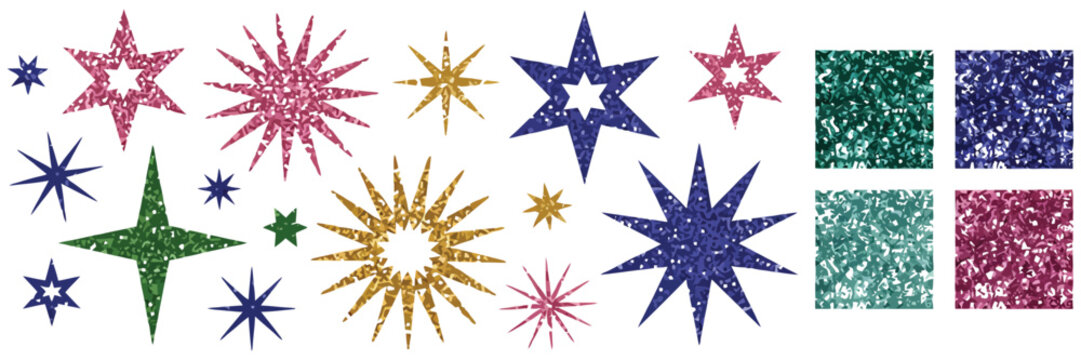 Glitter Seamless Patterns and Star Stickers Set, Shiny Sequin Textures in Green, Blue, Gold and Pink, Sparkling Disco Style Backgrounds for Christmas Design