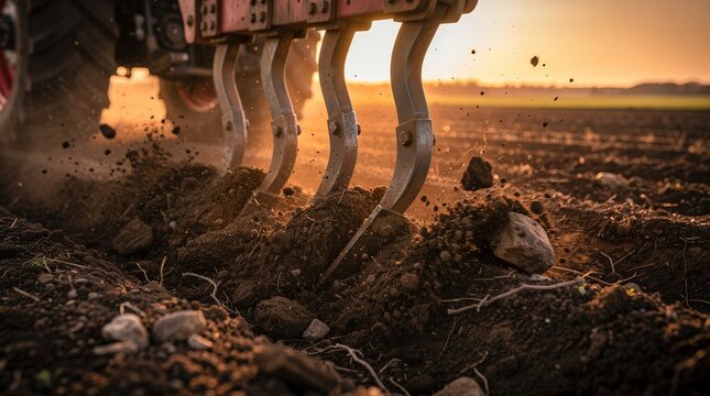 A close-up of tractor tines digging into rich soil during sunset, showcasing the beauty of agricultural work and the earth being turned.