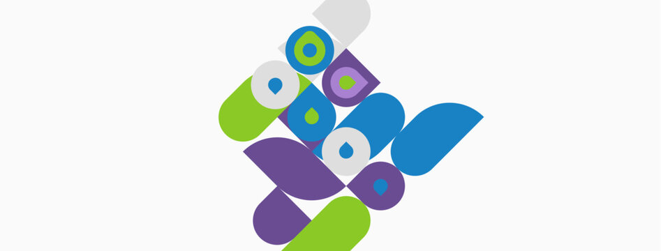 Abstract colorful shapes overlap, creating dynamic composition. Circles, ovals, petals suggest growth, movement, energy. Clean design.