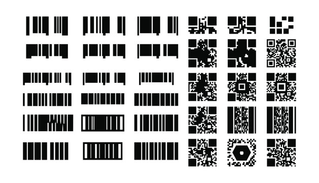 Set of barcodes and QR codes vector transparent background pattern.