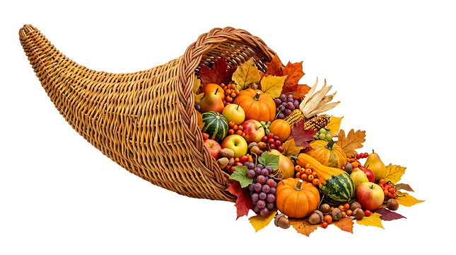 autumn harvest cornucopia with pumpkins apples gourds and fall leaves isolated on transparent background