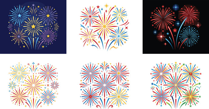 Colorful fireworks vector collection with festive burst designs for celebration holiday party background use