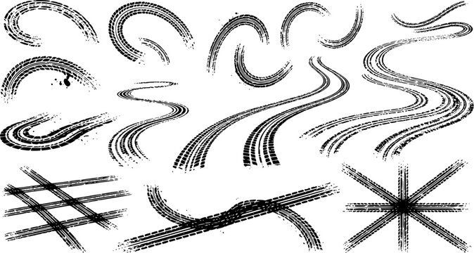 Tire tread marks after skidding, launch, drift, powerslide in motorsport, rally, off-road, motocross. Wheel texture with splash effect. Vector, transparent background EPS version.