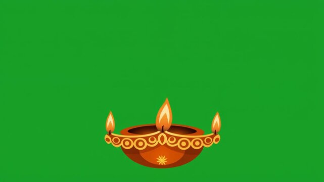Traditional Diya lamp with three flickering flames on green screen, animation, isolated, representing festival of lights, spirituality, and celebration