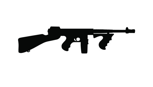 Silhouette gangster submachine gun vector illustration with transparent background for design projects.