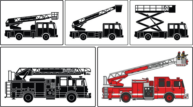 Fire truck ladder and aerial platform vehicles set with hydraulic lift and rescue equipment vector